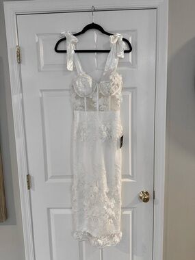 White Floral Lace Dress with Bow Shoulder Straps - Size Small